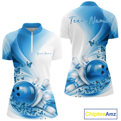 Front and back view of a women s white and blue bowling quarter zip mockup featuring butterfly accents and bowling-themed graphics.