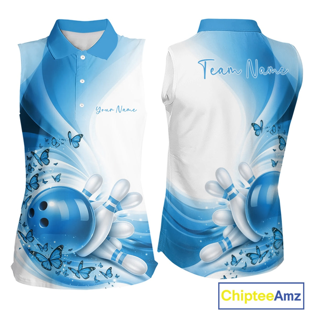 Blue and white sleeveless bowling shirt with bowling ball and pins design, 'Team Name' text, and butterfly graphics on a white background.