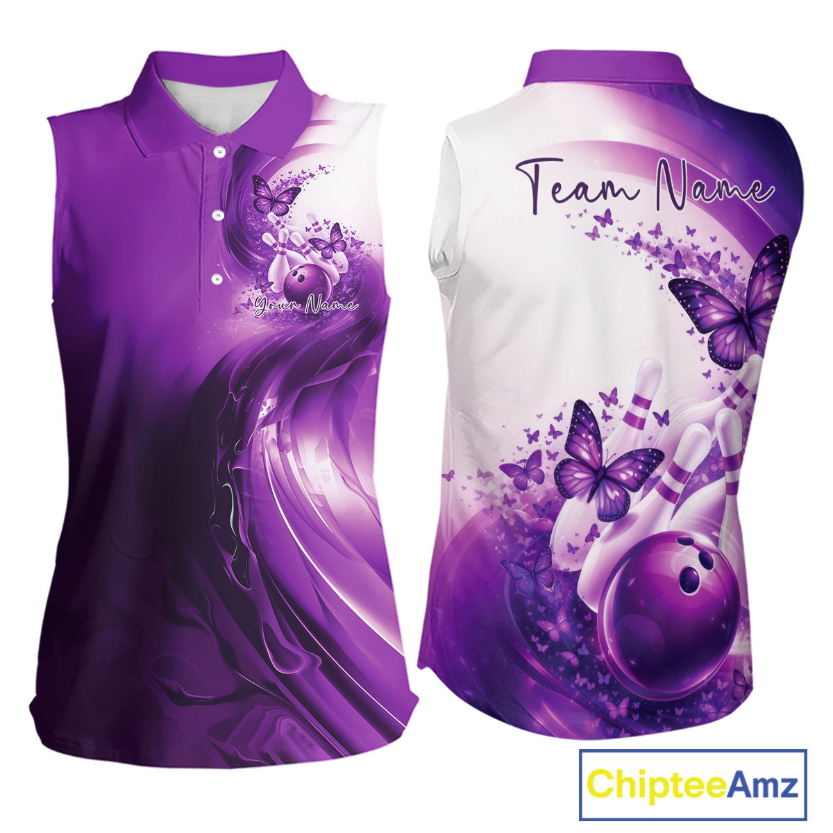 Front and back mockup of a womens purple sleeveless bowling shirt featuring butterfly graphics and bowling artwork
