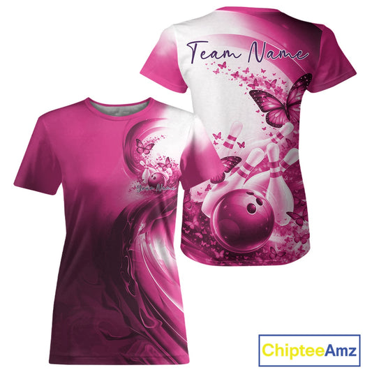 Custom Pink Butterfly Bowling Women T-Shirts, Ladies Bowling Team Outfits IPHW11355
