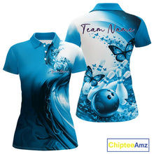 Load image into Gallery viewer, Front and back view of a blue women s bowling polo shirt mockup featuring butterfly accents and bowling-themed graphics.