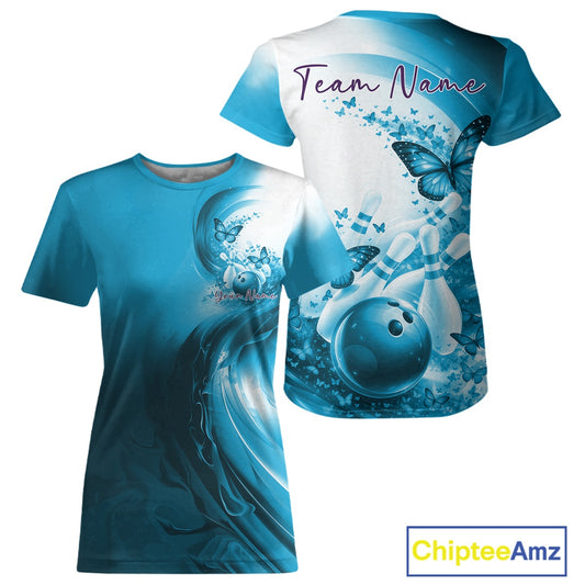 Custom Blue Butterfly Bowling Women T-Shirts, Ladies Bowling Team Outfits IPHW11356