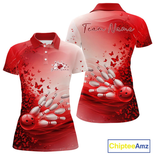 Front and back mockup of a women s white and red bowling polo shirt with butterfly accents and bowling graphics.