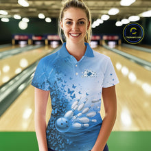 Load image into Gallery viewer, Custom Blue Butterfly Bowling Women Polo Shirt, Women Bowling Tournament Uniform IPHW11361