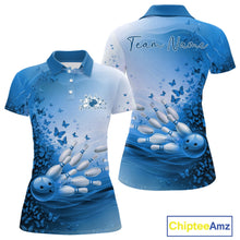 Load image into Gallery viewer, Custom Blue Butterfly Bowling Women Polo Shirt, Women Bowling Tournament Uniform IPHW11361
