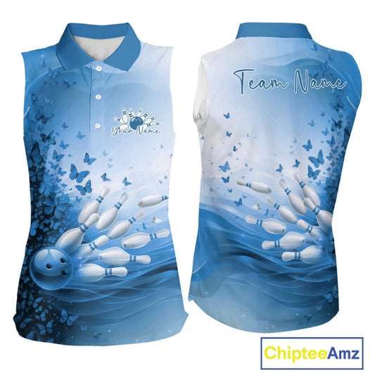 Blue sleeveless shirt with butterfly bowling design and 'Team Name' text, featuring ChipteeAmz branding.