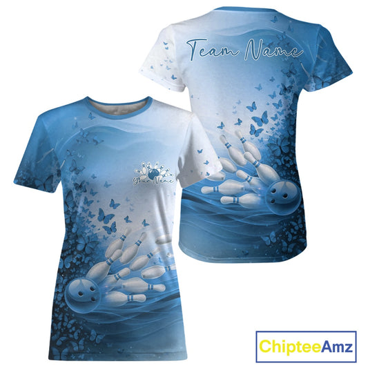 Custom Blue Butterfly Bowling Women T-Shirts, Women Bowling Tournament Uniform IPHW11361
