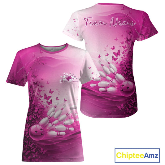 Custom Pink Butterfly Bowling Women T-Shirts, Women Bowling Tournament Uniform IPHW11362