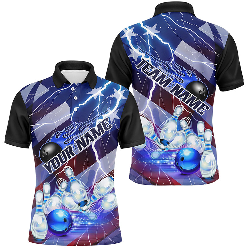Flame Bowling Ball Blue Lightning American Flag Custom Name Bowling Team Shirts For Men And Women IPHW6678