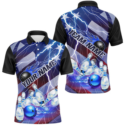 Flame Bowling Ball Blue Lightning American Flag Custom Name Bowling Team Shirts For Men And Women IPHW6678