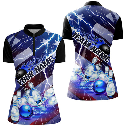 Flame Bowling Ball Blue Lightning American Flag Custom Name Bowling Team Shirts For Women IPHW6678