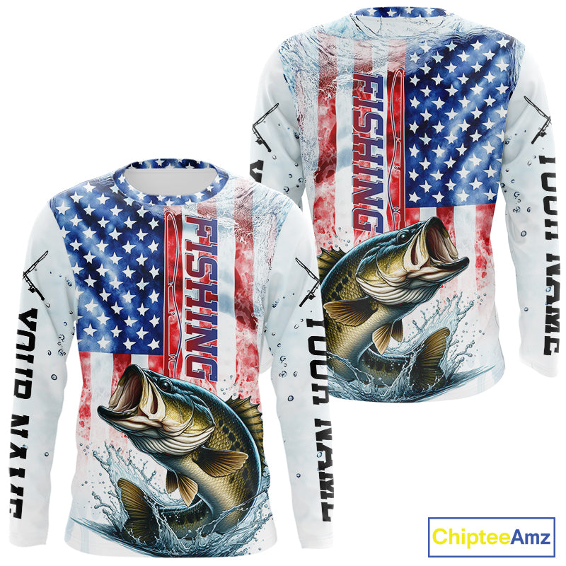 Custom Patriotic Largemouth Bass US Flag Long Sleeve Fishing Shirt, Bass Fishing Jersey IPHW9198