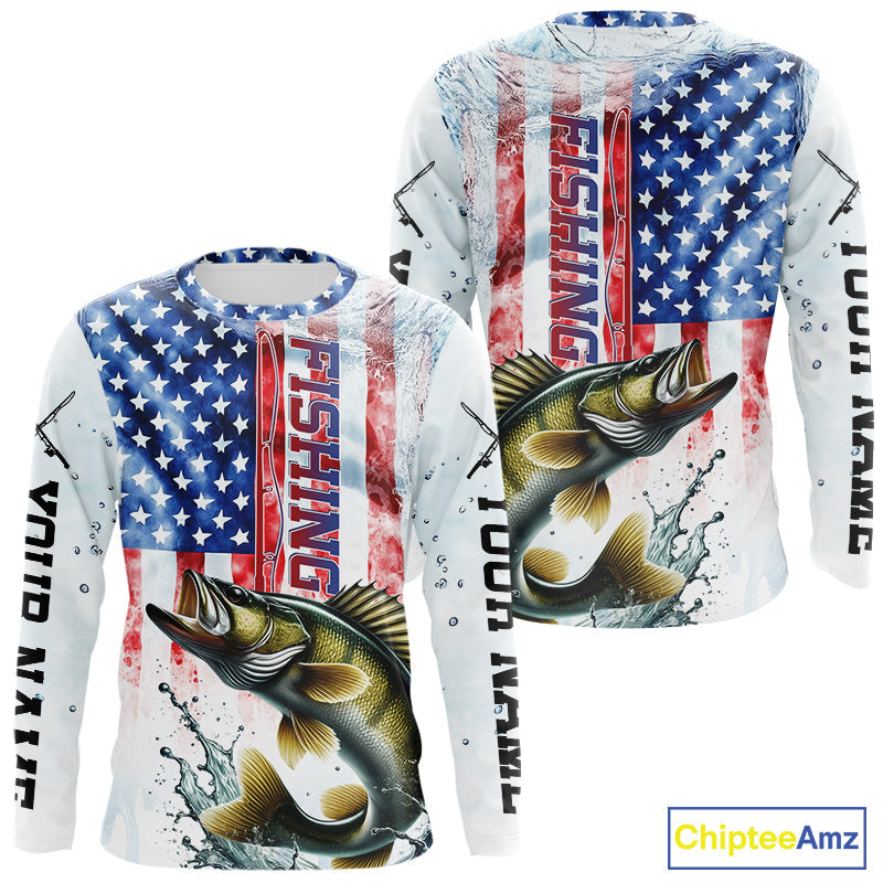 Custom Patriotic Walleye US Flag Long Sleeve Fishing Shirt, Walleye Fishing Jersey IPHW9199