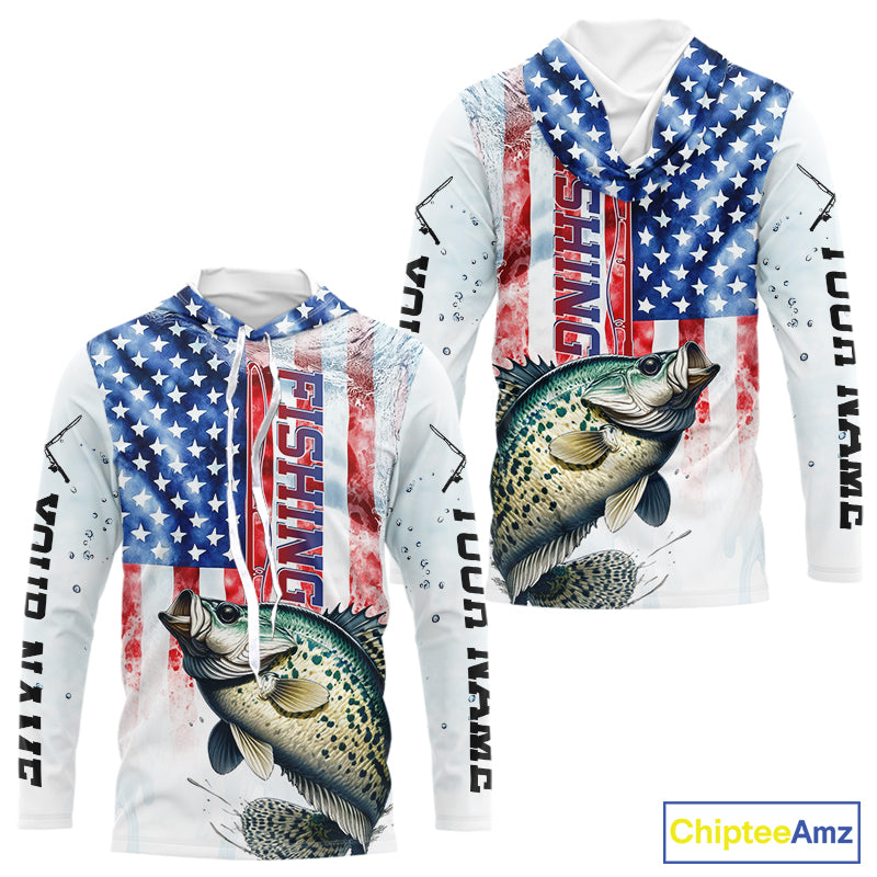 Custom Patriotic Crappie US Flag Long Sleeve Hooded Fishing Shirt, Crappie Fishing Jersey IPHW9200
