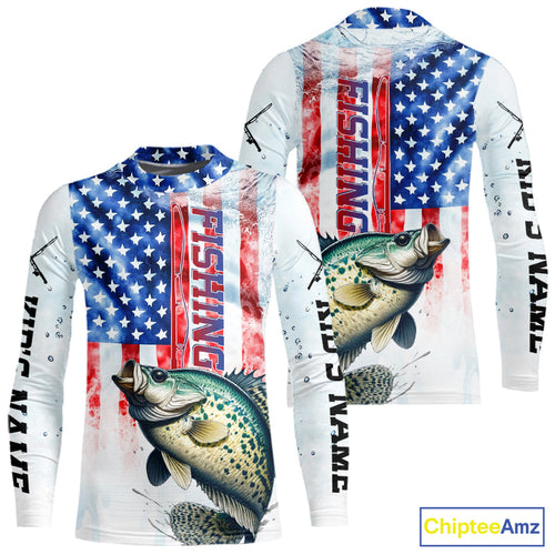 Custom Patriotic Crappie US Flag Kid Long Sleeve Fishing Shirt, Crappie Fishing Jersey IPHW9200