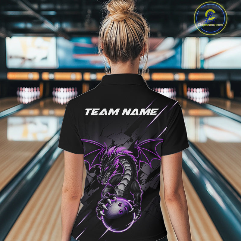 Custom Glowing Purple Dragon Bowling Team Women Quarter-Zip Shirt, Dragon Bowling Jerseys IPHW9539