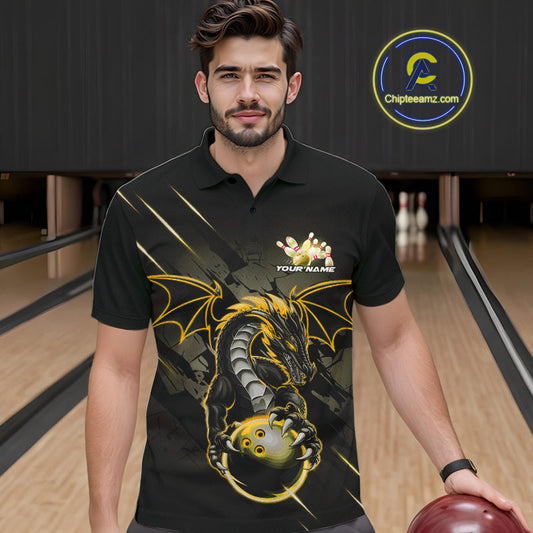 Custom Glowing Yellow Dragon Bowling Team Polo Shirts For Men, Dragon Bowling Jerseys IPHW9540