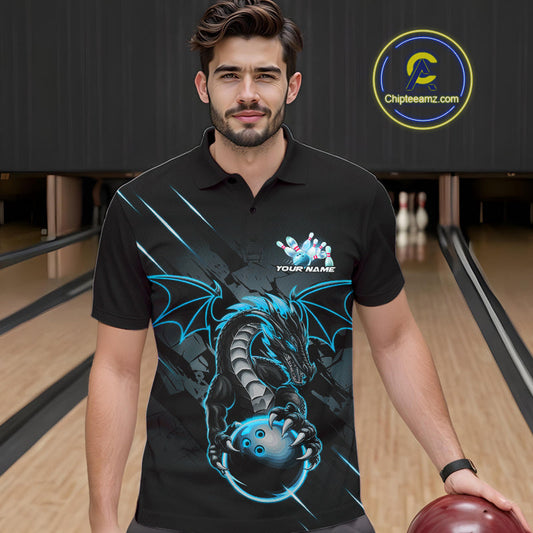 Custom Glowing Blue Dragon Bowling Team Polo Shirts For Men, Dragon Bowling Jerseys IPHW9541