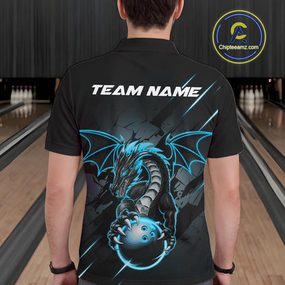 Custom Glowing Blue Dragon Bowling Team Polo Shirts For Men, Dragon Bowling Jerseys IPHW9541