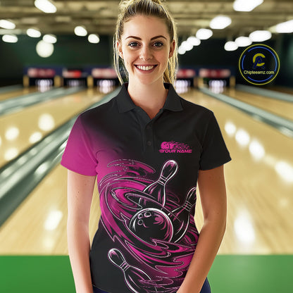 Custom Black And Pink Flame Bowling Polo Shirts For Women, Team Bowling League Shirt IPHW9777