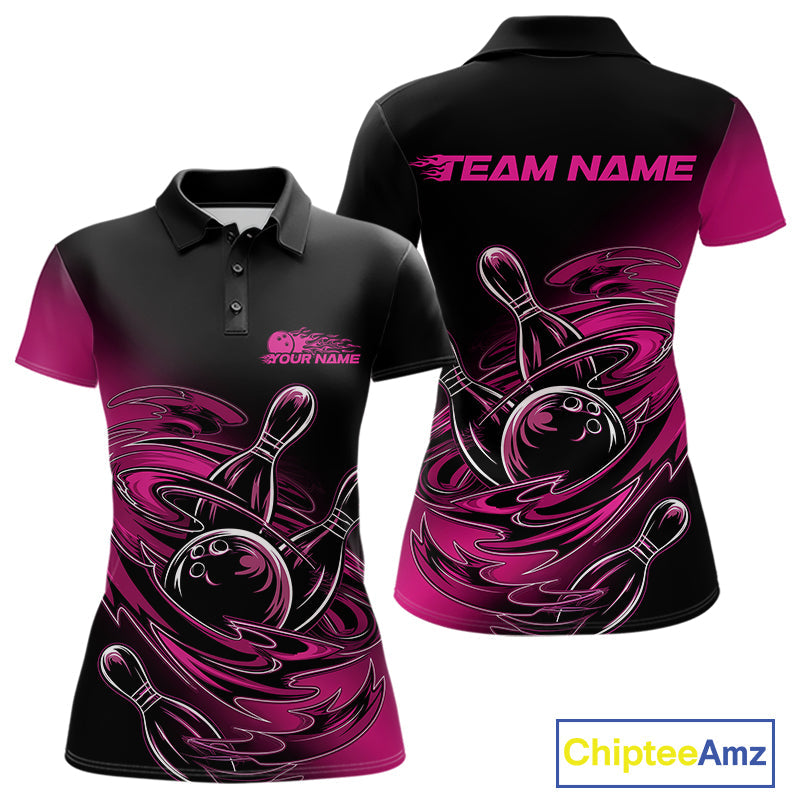 Custom Black And Pink Flame Bowling Polo Shirts For Women, Team Bowling League Shirt IPHW9777