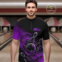 Load image into Gallery viewer, Custom Black And Purple Flame Bowling Quarter-Zip Shirts For Men, Team Bowling League Shirt IPHW9778