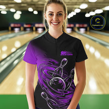 Load image into Gallery viewer, Custom Black And Purple Flame Bowling Women Quarter-Zip Shirts, Team Bowling League Shirt IPHW9778