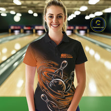 Load image into Gallery viewer, Custom Black And Orange Flame Bowling Polo Shirts For Women, Team Bowling League Shirt IPHW9779