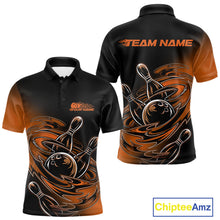 Load image into Gallery viewer, Custom Black And Orange Flame Bowling Polo Shirts For Men, Team Bowling League Shirt IPHW9779