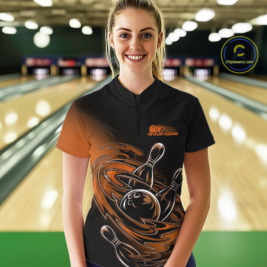 Custom Black And Orange Flame Bowling Women Quarter-Zip Shirts, Team Bowling League Shirt IPHW9779