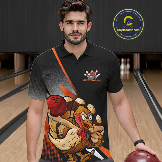 Custom Funny Orange Turkey Bowling Team Men Polo Shirts, Thanksgiving Bowling Shirt IPHW9783