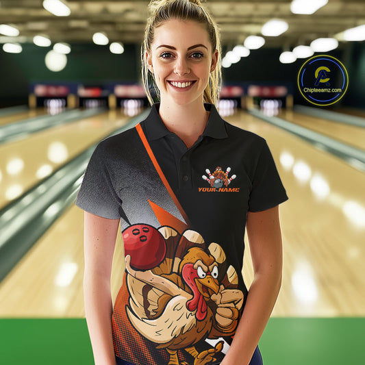 Custom Funny Orange Turkey Bowling Team Women Polo Shirts, Thanksgiving Bowling Shirt IPHW9783