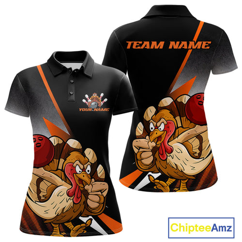 Custom Funny Orange Turkey Bowling Team Women Polo Shirts, Thanksgiving Bowling Shirt IPHW9783