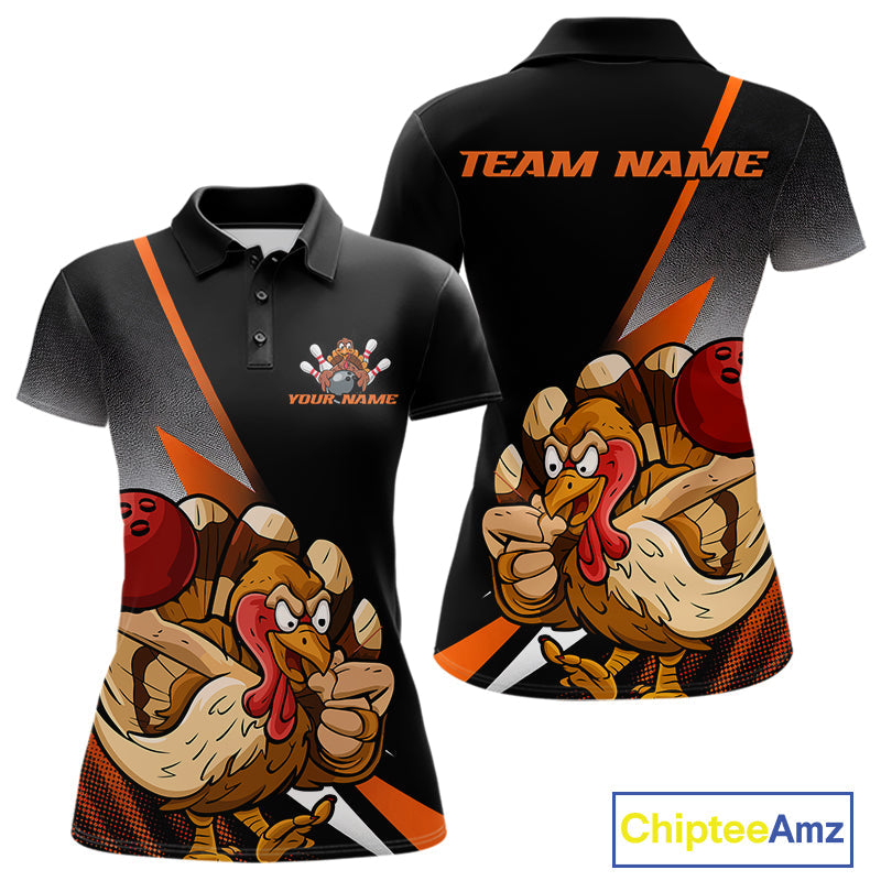 Custom Funny Orange Turkey Bowling Team Women Polo Shirts, Thanksgiving Bowling Shirt IPHW9783