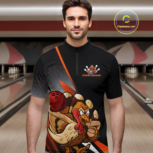 Custom Funny Orange Turkey Bowling Team Men Quarter-Zip Shirts, Thanksgiving Bowling Shirt IPHW9783