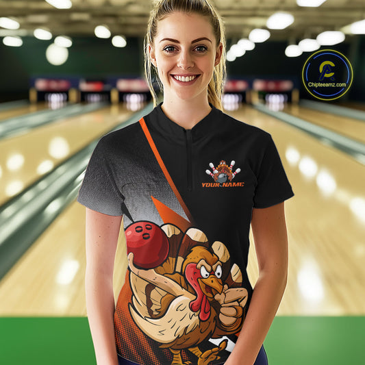 Custom Funny Orange Turkey Bowling Women Quarter-Zip Shirts, Thanksgiving Bowling Shirt IPHW9783