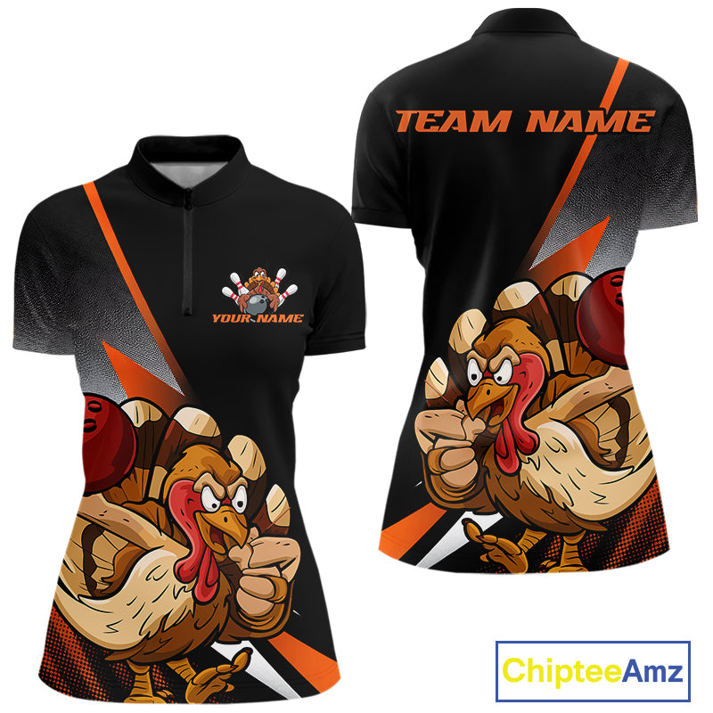 Custom Funny Orange Turkey Bowling Women Quarter-Zip Shirts, Thanksgiving Bowling Shirt IPHW9783