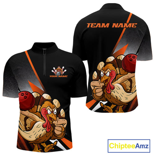 Custom Funny Orange Turkey Bowling Team Men Quarter-Zip Shirts, Thanksgiving Bowling Shirt IPHW9783