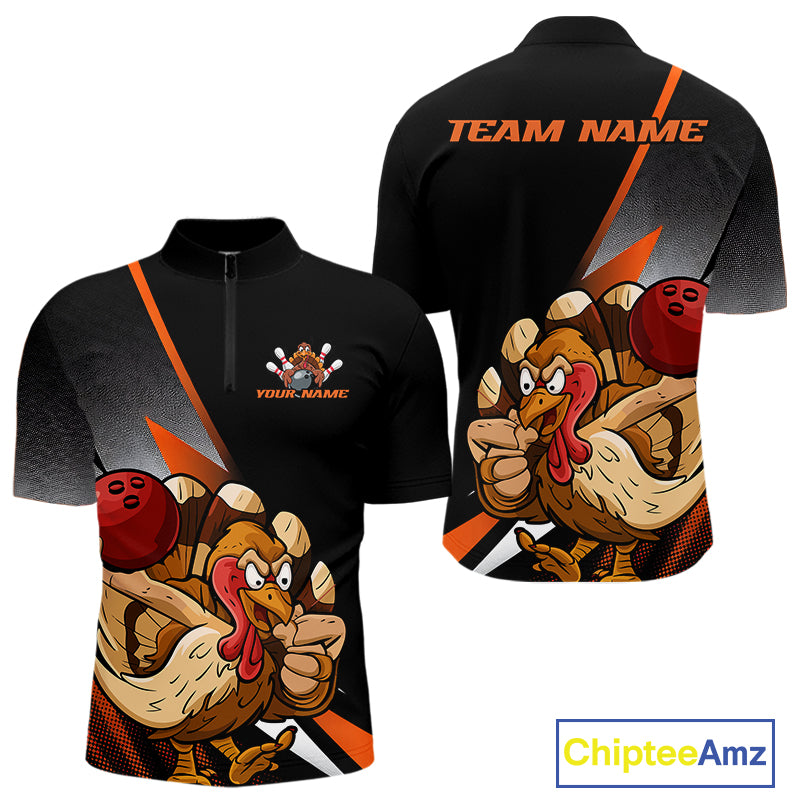 Custom Funny Orange Turkey Bowling Team Men Quarter-Zip Shirts, Thanksgiving Bowling Shirt IPHW9783