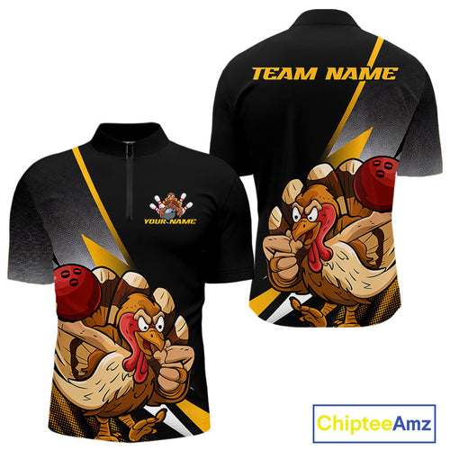 Custom Funny Yellow Turkey Bowling Team Men Quarter-Zip Shirts, Thanksgiving Bowling Shirt IPHW9784