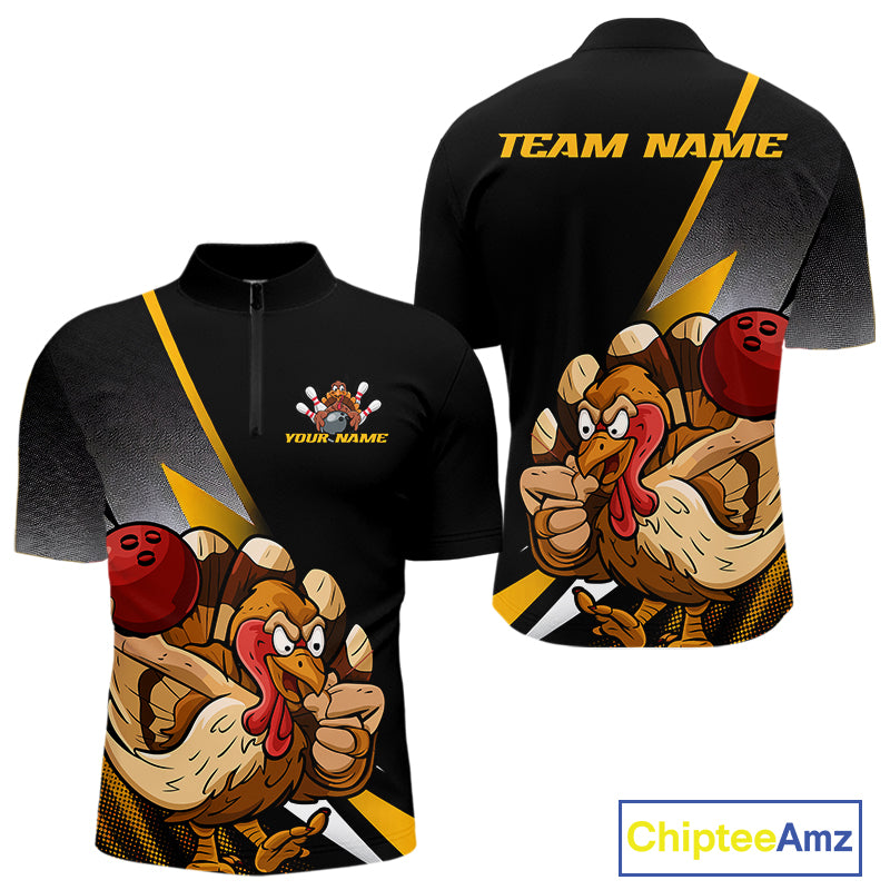 Custom Funny Yellow Turkey Bowling Team Men Quarter-Zip Shirts, Thanksgiving Bowling Shirt IPHW9784