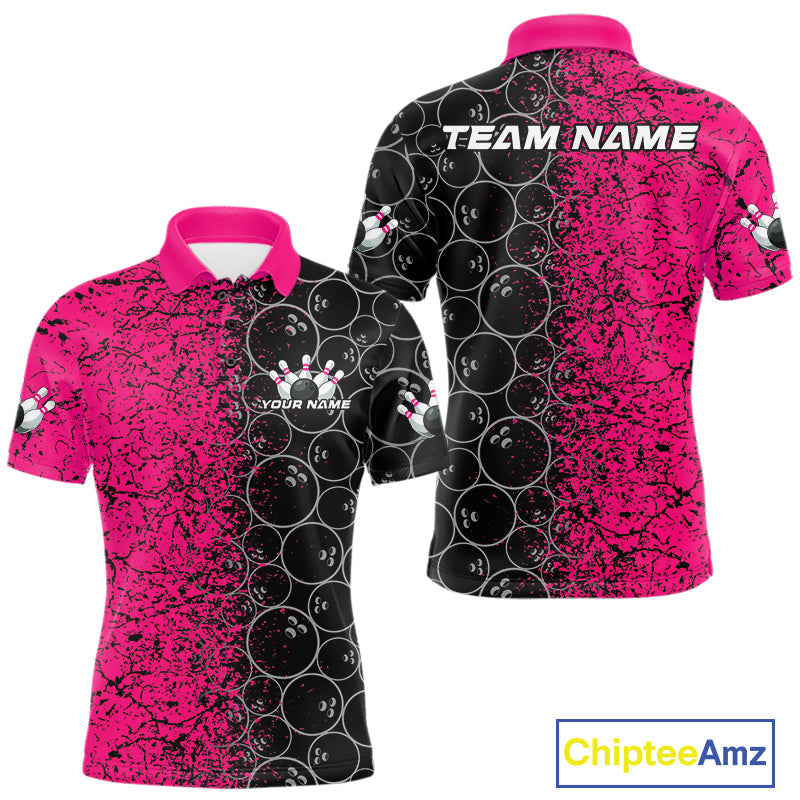 Custom Black And Pink Splatter Bowling Ball Pattern Bowling Team Polo Shirts For Men IPHW9789