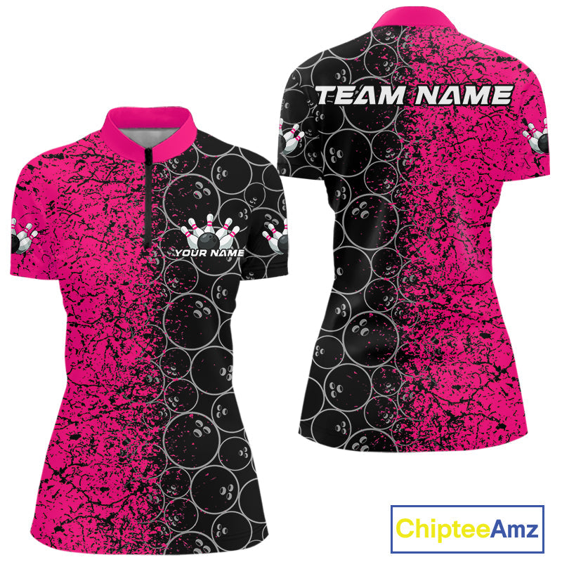 Custom Black And Pink Splatter Bowling Ball Pattern Bowling Team Women Quarter-Zip Shirts IPHW9789