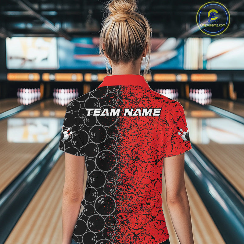 Custom Black And Red Splatter Bowling Ball Pattern Bowling Team Women Quarter-Zip Shirts IPHW9790