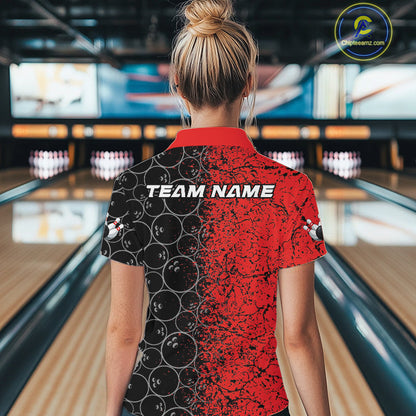 Custom Black And Red Splatter Bowling Ball Pattern Bowling Team Women Quarter-Zip Shirts IPHW9790