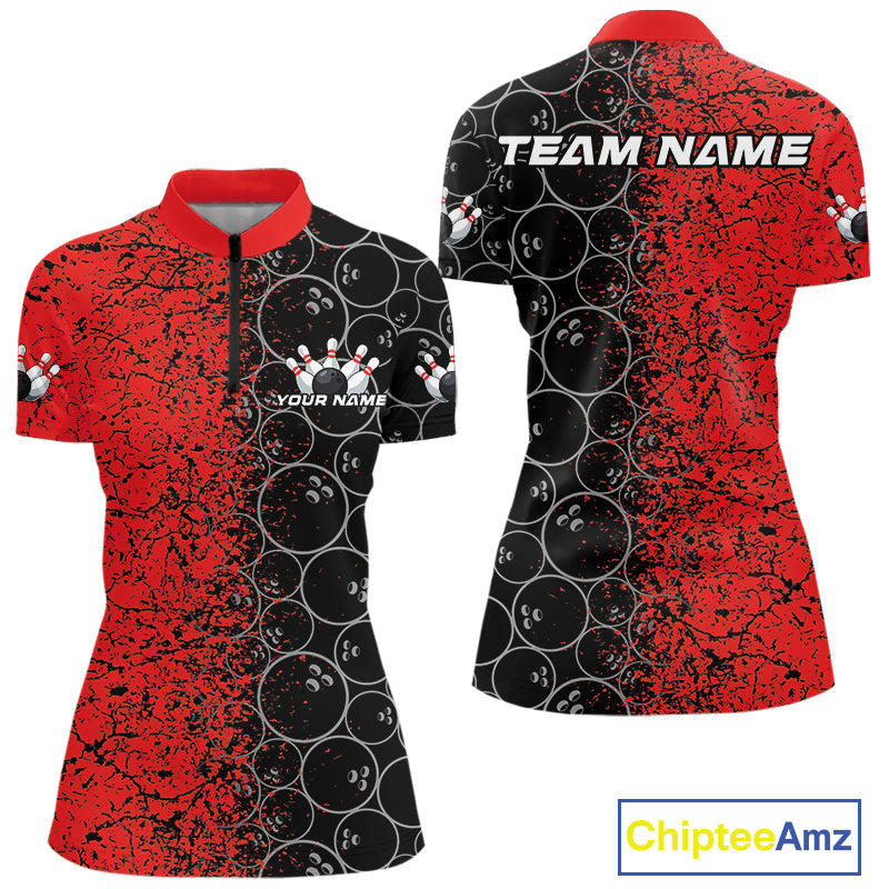 Custom Black And Red Splatter Bowling Ball Pattern Bowling Team Women Quarter-Zip Shirts IPHW9790