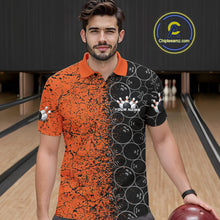 Load image into Gallery viewer, Custom Black And Orange Splatter Bowling Ball Pattern Bowling Team Polo Shirts For Men IPHW9791