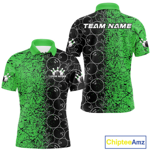 Custom Black And Green Splatter Bowling Ball Pattern Bowling Team Polo Shirts For Men IPHW9792