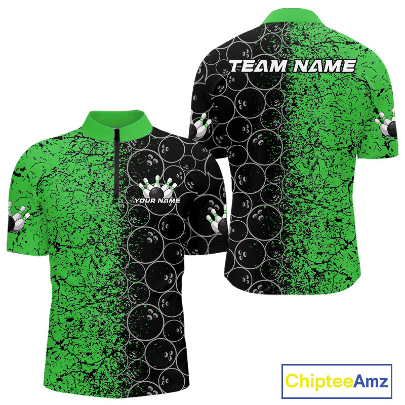 Custom Black And Green Splatter Bowling Ball Pattern Bowling Team Quarter-Zip Shirts For Men IPHW9792