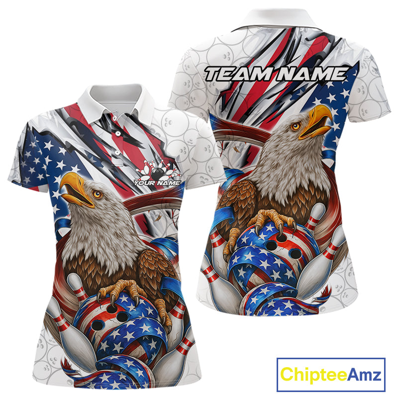 Custom Patriotic US Flag Eagle Bowling Women Shirt, USA Bowling Team League Shirt IPHW10163